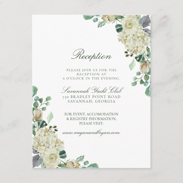 Megan White Roses Greenery Wedding Reception Enclosure Card (Front)