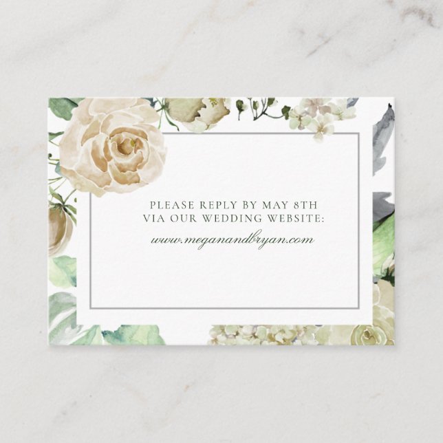 Megan White Roses Greenery Wedding Website RSVP Enclosure Card (Front)