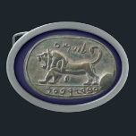 Megiddo Seal Oval Belt Buckle<br><div class="desc">Features a digital rendition of the Megiddo Seal; also known as the Seal of Jeroboam or Shema Seal. The seal was discovered in 1904 during archaeological excavations conducted by Gottlieb Schumacher at Megiddo in what is now northern Israel during the Turkish occupation of the land. It was discovered accidentally in...</div>