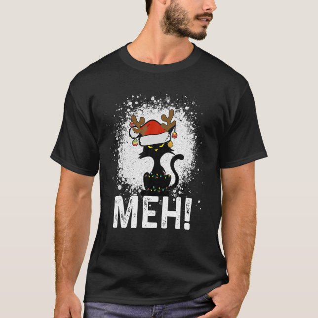 Meh Black Cat Christmas, Funny Anti Christmas Cat T-Shirt (Front)