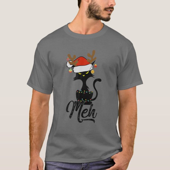 Meh Black Cat Christmas, Funny Anti Christmas Cat T-Shirt (Front)