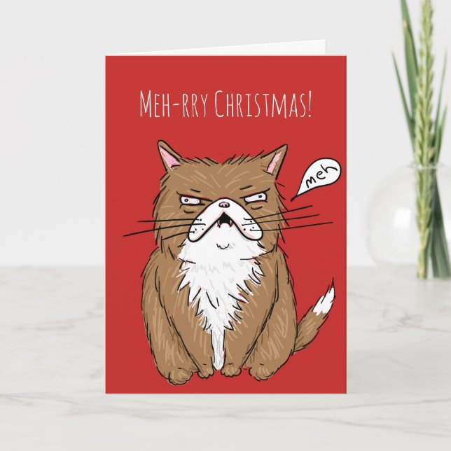 Meh-rry Christmas Funny Grumpy Cat Christmas Card (Front)