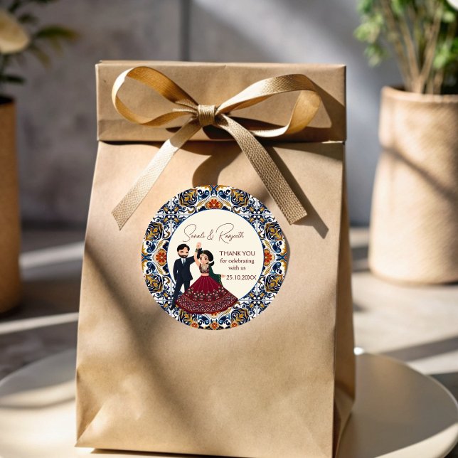 Mehndi and sangeet Indian wedding thank you favour Classic Round Sticker (Mehndi sangeet Indian wedding thank you favor  Sticker cute cartoon couple favor stickers)