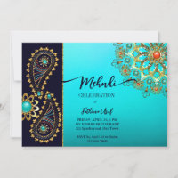 Mehndi blue teal gold jewellery paisley invite 