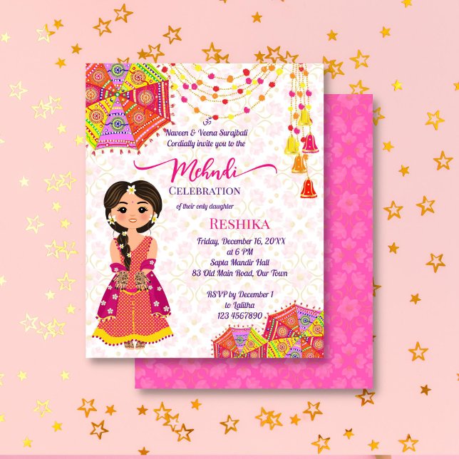 Mehndi cute Indian bride umbrellas budget invite (Mehndi budget invitation template with a cute henna bride cartoon colorful umbrellas decorations)