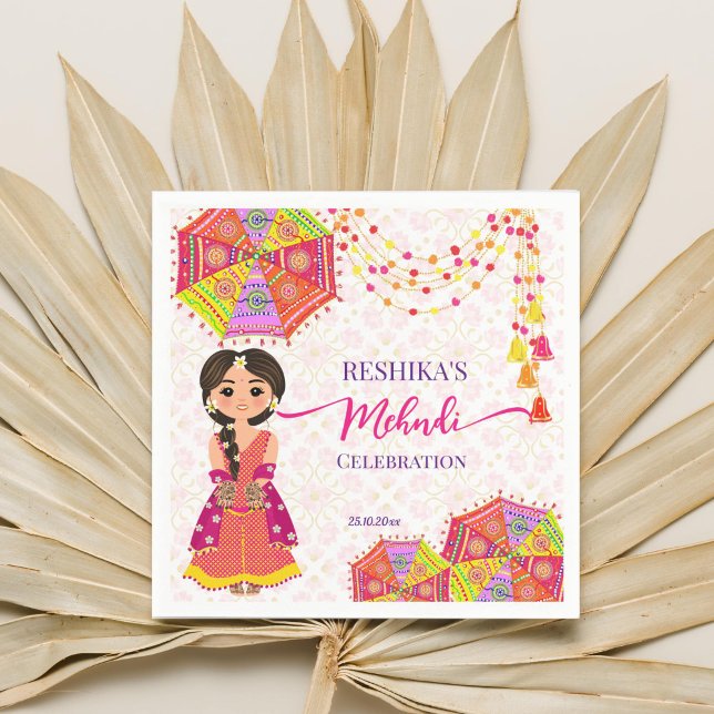 Mehndi cute Indian bride umbrellas  Napkin (Mehndi napkins cute Indian henna bride Indian decor umbrellas pom bells garlands mehndi tableware)