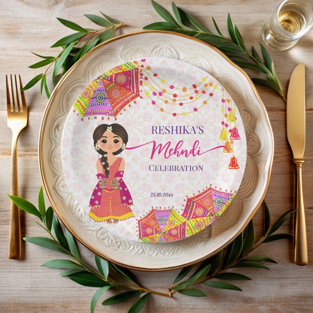 Mehndi cute Indian bride umbrellas  Paper Plate (Mehndi cute Indian bride umbrellas personalized Paper Plates Indian wedding mehndi table decor)