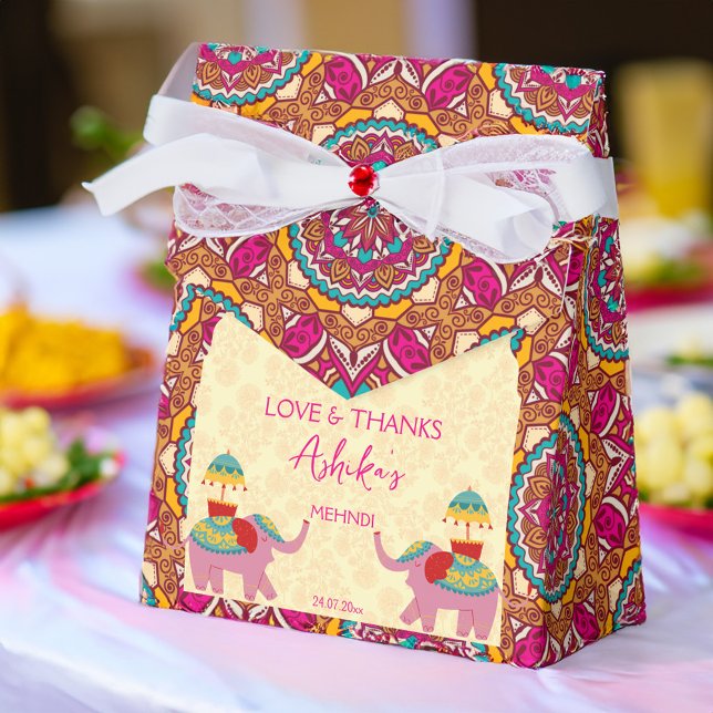 Mehndi cute Indian wedding elephants pink Favour Box (Mehndi cute Indian wedding elephants pink Favor Box)