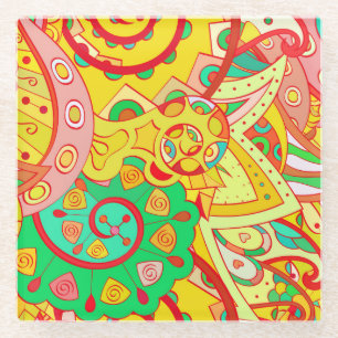 Mehndi Doodle: Colourful Ethnic Texture. Glass Coaster