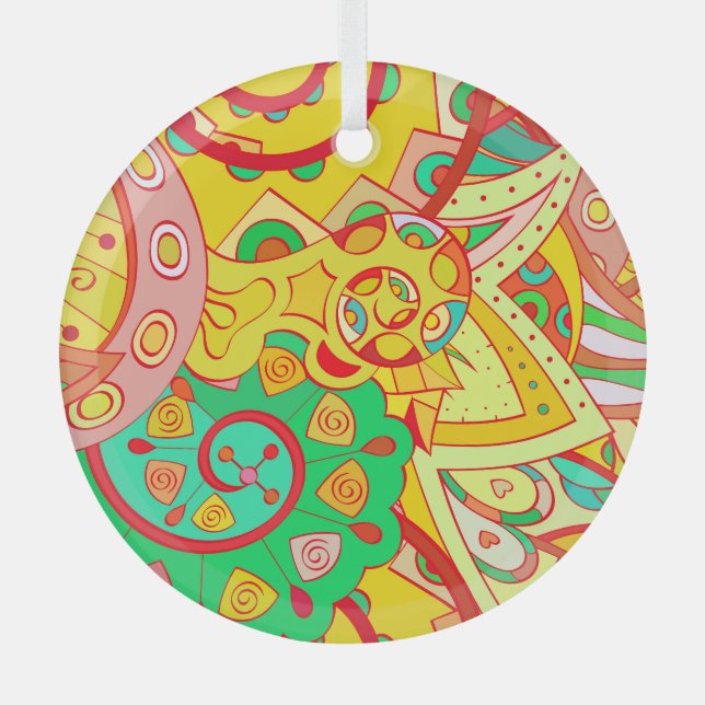 Mehndi Doodle: Colourful Ethnic Texture. Glass Tree Decoration (Front)