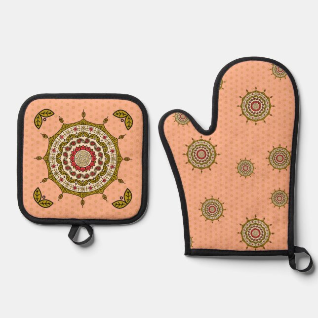 Mehndi Fantasy Gold Oven Mitt & Pot Holder Set (Front)