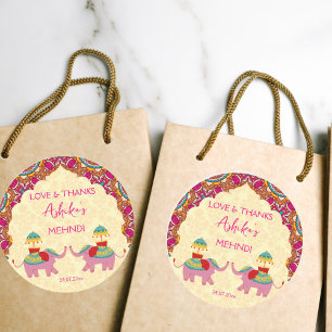 Mehndi favor gift cute elephants pink mandala classic round sticker