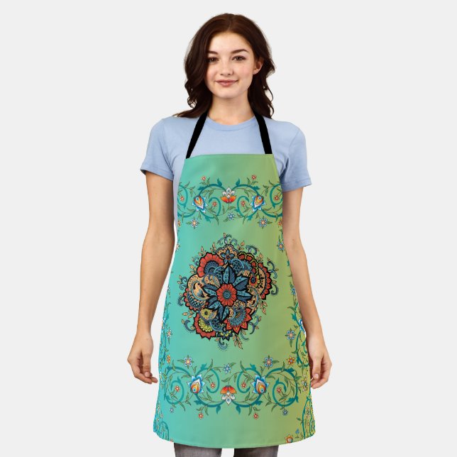 Mehndi Green Floral Art, Boundless Elegance Apron (Worn)