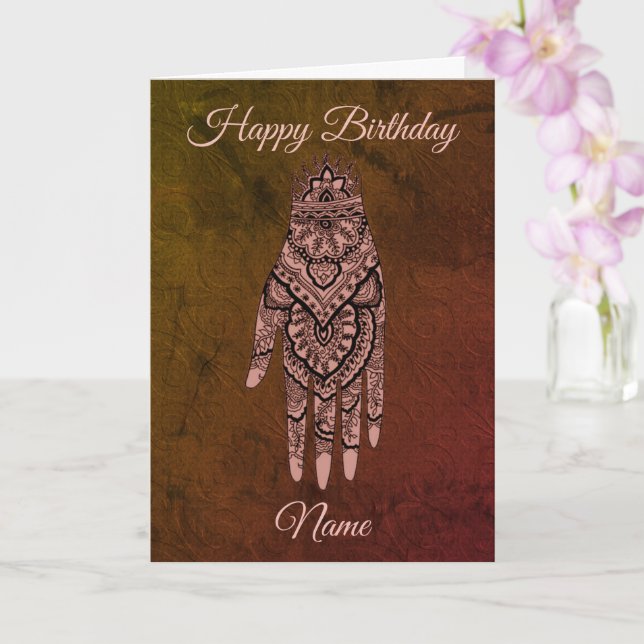 Mehndi Hand Tattoo Art Personalised Birthday  Card (Orchid)