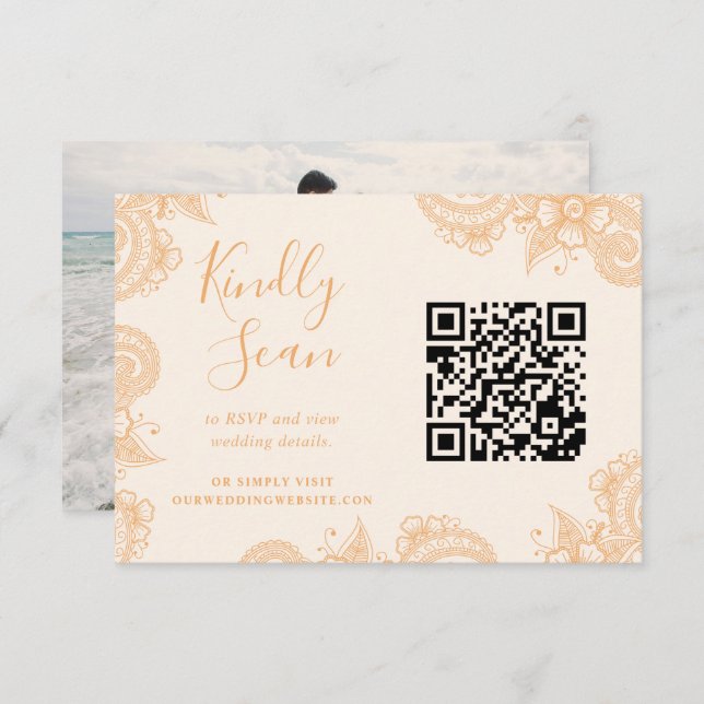 Mehndi Henna Wedding QR Code RSVP Enclosure Card (Front/Back)
