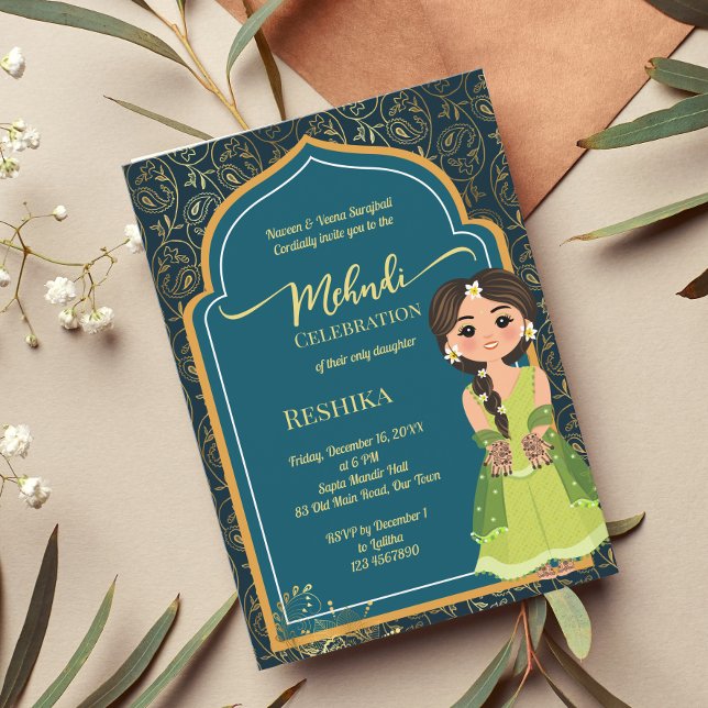 Mehndi Indian paisley teal green cute Indian bride Invitation (Creator Uploaded)