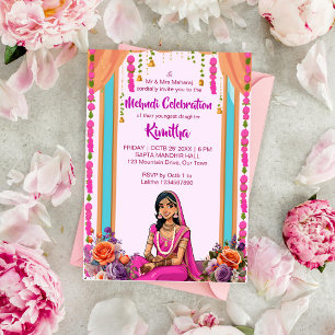 Mehndi Indian wedding cute bride in pink Invitation