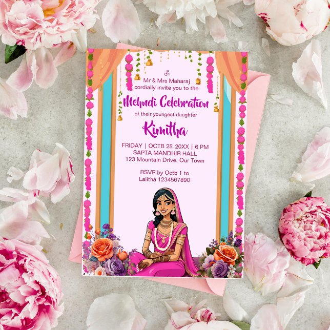 Mehndi Indian wedding cute bride in pink Invitation (Mehndi Indian wedding template invitation instant download cute Indian bride dressed in pink cartoon)