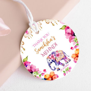 Mehndi Indian wedding elephant pink flowers favour Tags