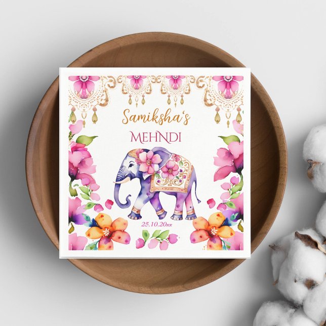 Mehndi Indian wedding ornate elephant tableware Napkin (Mehndi tableware Indian wedding decorated elephant personalized plates pink flowers mehndi plates)