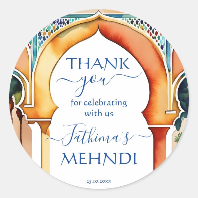 Mehndi Morocco Arabian style arch thank you favour Classic Round Sticker (Front)