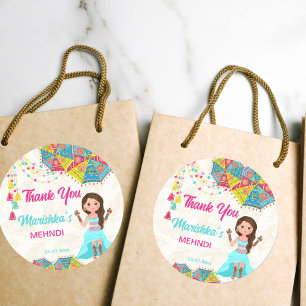 Mehndi pink blue cute Indian girl thank you favour Classic Round Sticker