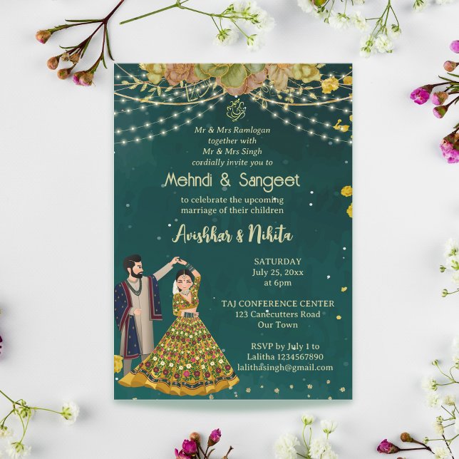 Mehndi sangeet green dancing Indian bridal couple Invitation (Creator Uploaded)