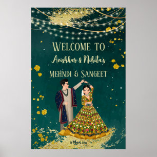 Mehndi sangeet green with dancing couple welcome poster