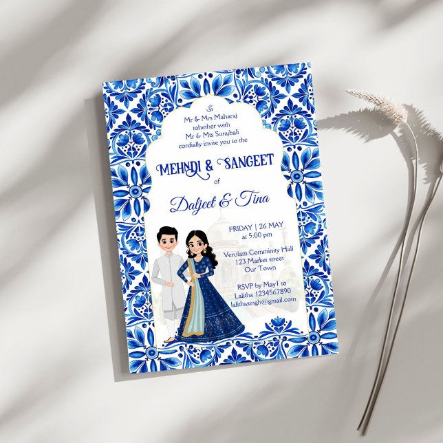Mehndi Sangeet Indian wedding blue white cute Invitation (Mehndi and Sangeet Indian wedding blue and white cute bridal couple cartoon Invitation template)