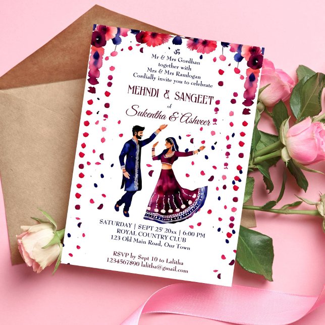 Mehndi Sangeet Indian wedding modern watercolor Invitation (Mehndi and Sangeet Indian wedding dancing bridal couple template invitation instant download maroon)