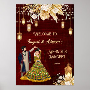 Mehndi Sangeet maroon dancing couple welcome Poster