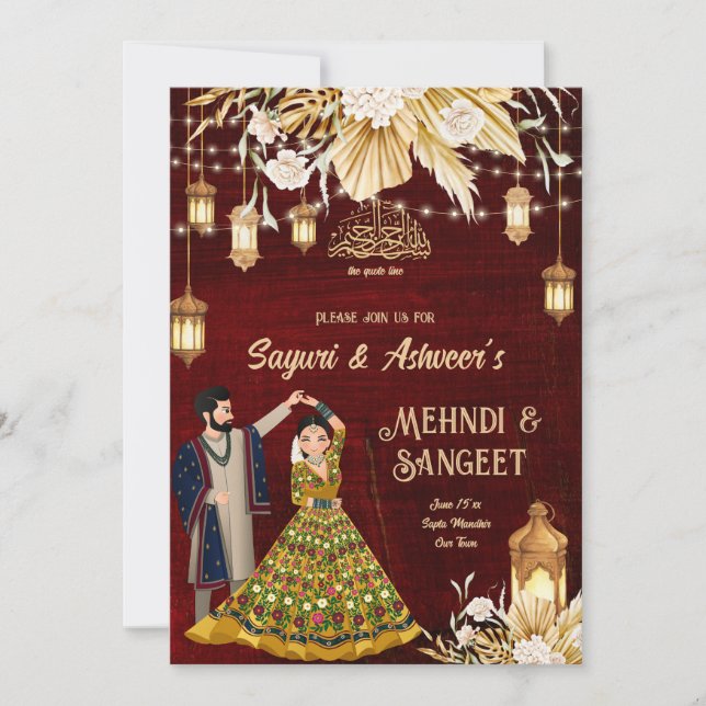 Mehndi Sangeet maroon Indian couple Islamic Invitation (Front)