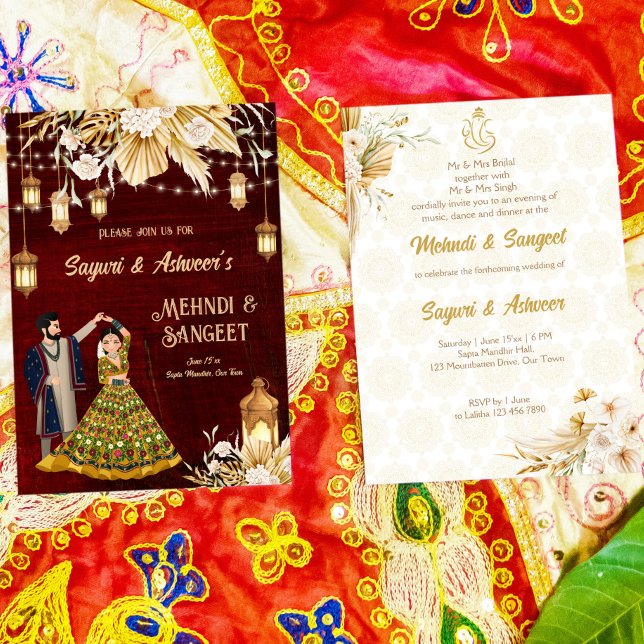 Mehndi Sangeet maroon Indian dancing couple Invitation (Creator Uploaded)