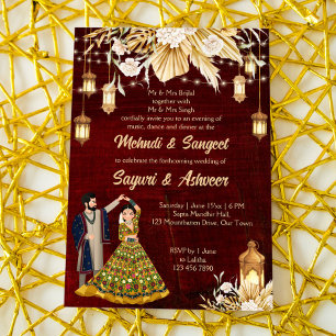 Mehndi Sangeet maroon Indian dancing couple  Invitation