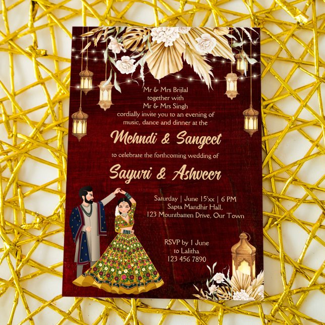 Mehndi Sangeet maroon Indian dancing couple  Invitation (Creator Uploaded)