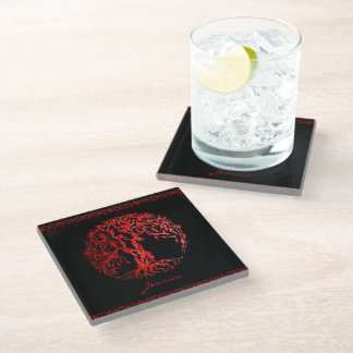 Mehndi Tree of Life (Henna) (Red) Glass Coaster
