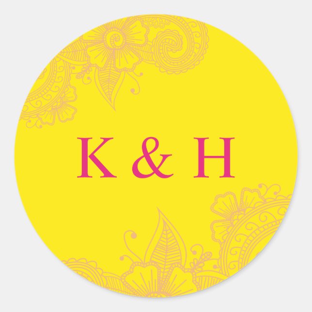 Mehndi Wedding Monogram Classic Round Sticker (Front)