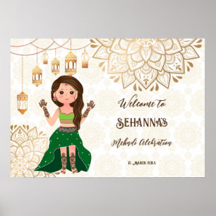 Mehndi welcome sign with cute Indian henna bride