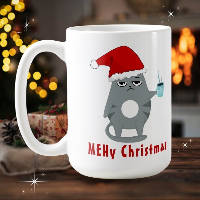 MEHy (MEH) Christmas Funny Santa Cat with Coffee Mug (Available in multiple mug types. Merry Christmas!
)