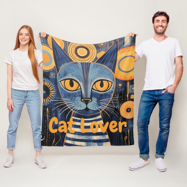 Melancholic Boho Blue Yellow Cat Lover  Fleece Blanket (In Situ)