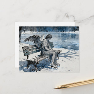 Melancholy Angel in Snowy Park Ice Skates At Pond Postcard