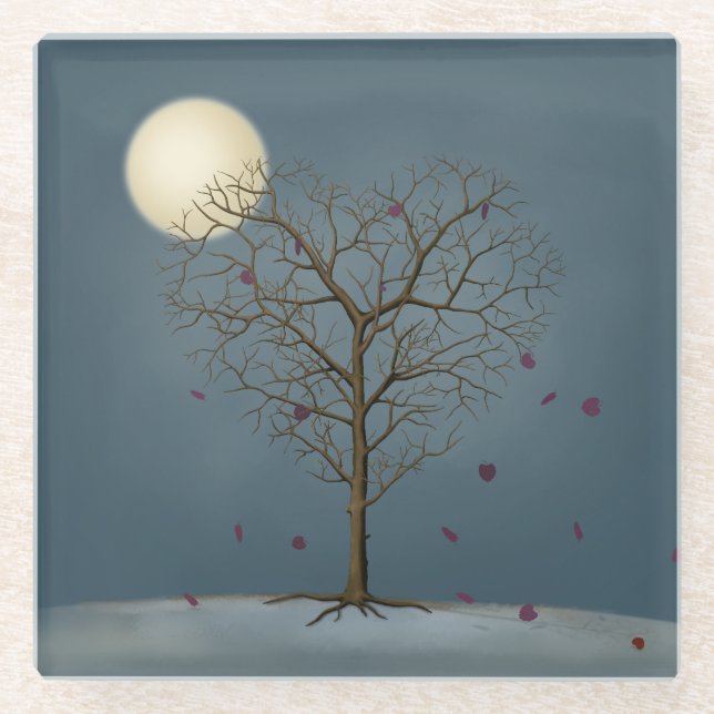 Melancholy Heart Shaped Tree Under the Full Moon Glass Coaster (Front)