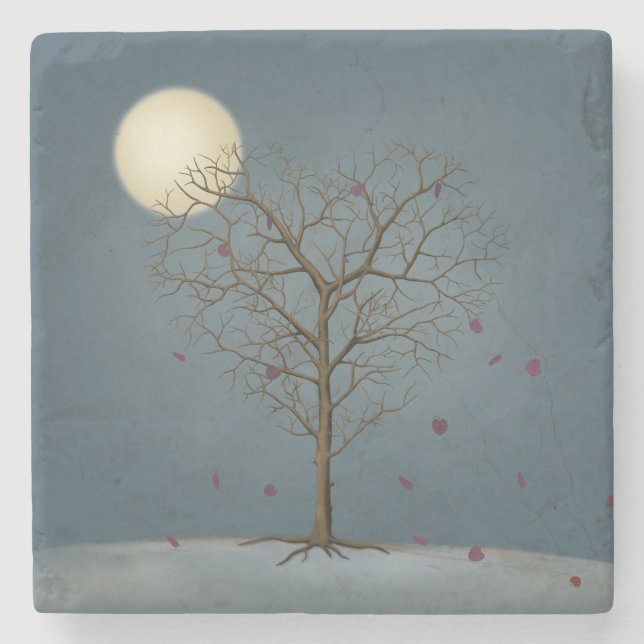 Melancholy Heart Shaped Tree Under the Full Moon Stone Coaster (Front)