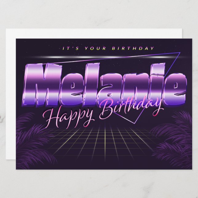 Melanie first name purple retro card birthday (Front/Back)