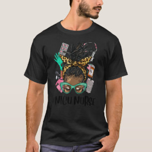 Melanin Afro Messy Bun Curly Hair Glasses Leopard  T-Shirt