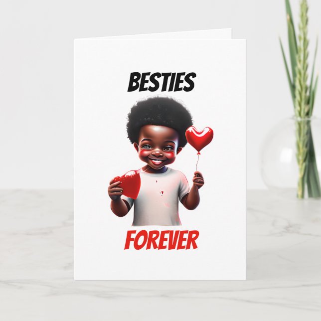 Melanin boy besties forever red heart kids cute holiday card (Front)
