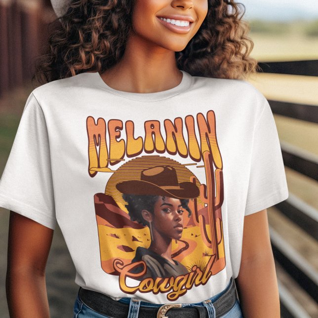 MELANIN COWGIRL Black Girl Western Cowboy T-Shirt (Smiling African American girl in stetson, wearing Melanin Cowgirl T-shirt. Browse the collection.)