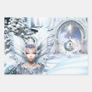 Melanin fairy trio fairytale carriage winter snow wrapping paper sheet