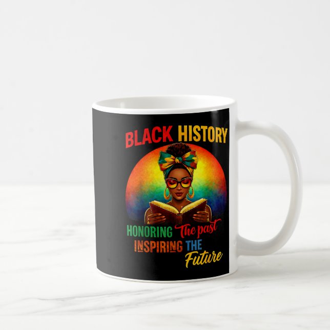 Melanin honouring past inspiring pride book black coffee mug (Right)