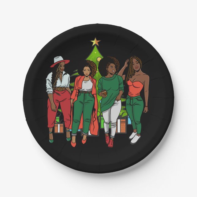 Melanin Sistas Christmas Tree & Gifts Black Girls Paper Plate (Front)